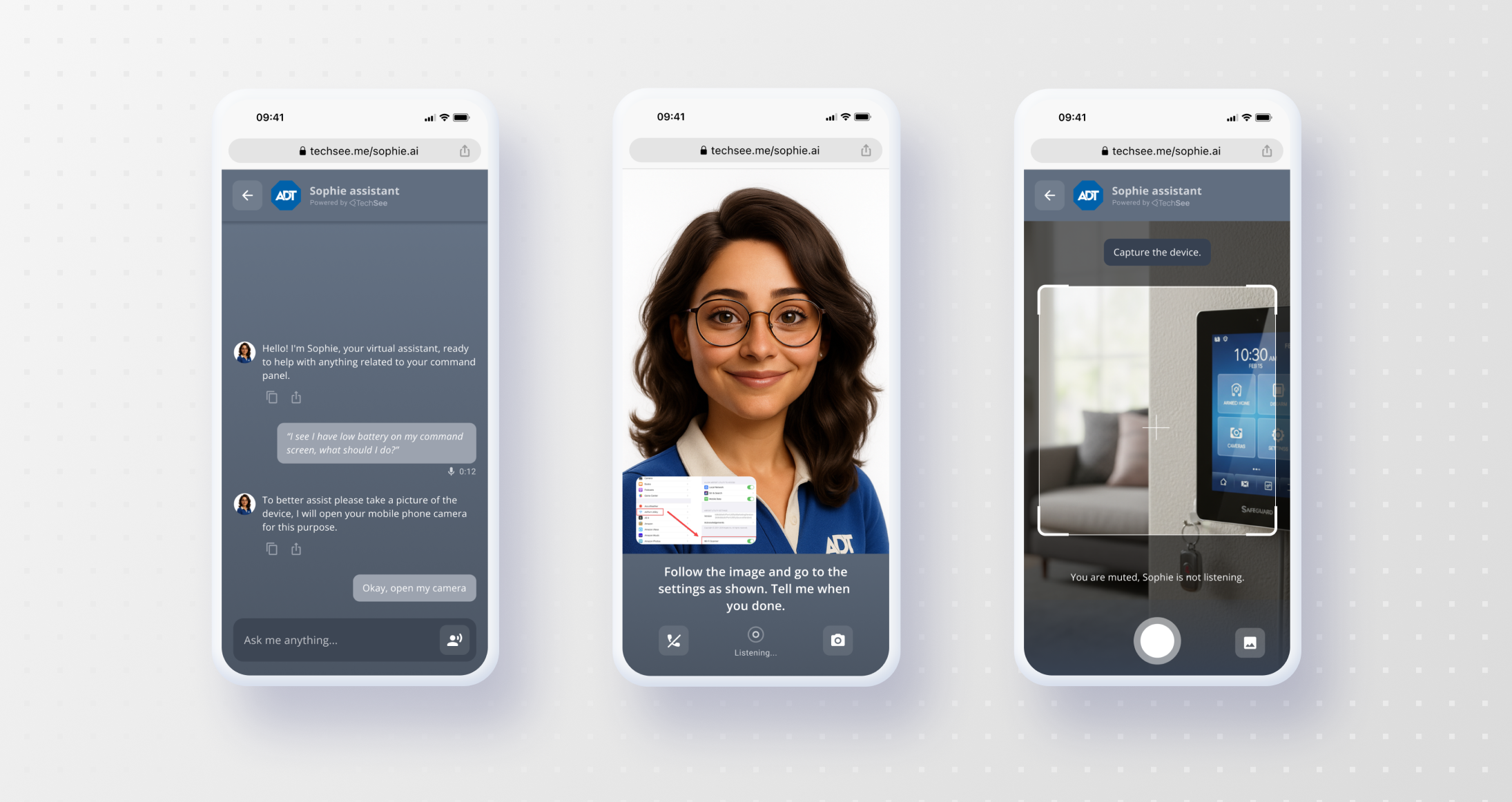 Sophie AI assistant across three mobile screens: chat, live video guidance, and camera capture